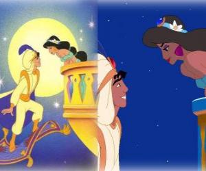 puzzel Aladdin op vliegend tapijt praat met Jasmine onder het licht van de volle maan
