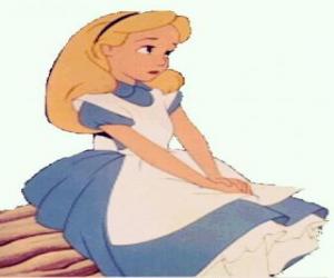 puzzel Alice in wonderland zit boven op een grote paddestoel