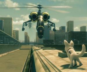 puzzel Bolt op de top van een trein wordt geconfronteerd met een helikopter