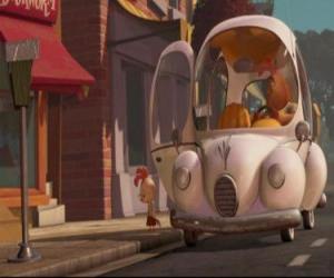 puzzel Chicken Little het verlagen van de auto gedreven door zijn bruine Buck Cluck