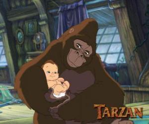 puzzel De baby in de armen Tarzan van zijn adoptiemoeder, de gorilla Kala