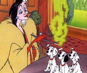 puzzel De boze Cruella De Vil met drie Dalmatische pups