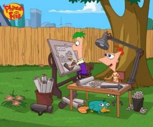 puzzel De broers Phineas en Ferb het ontwerpen van een van hun prachtige uitvindingen met uw huisdier onder de tafel Perry