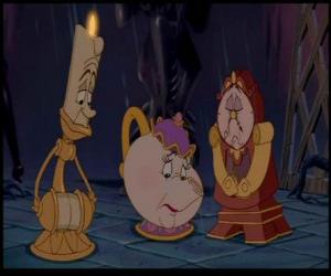 puzzel De kandelaar Lumière, Mrs Potts de theepot en de klok Din Don triest het zien van de fatale afloop