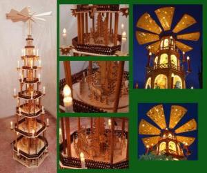 puzzel De kerst Piramide is een traditie in Duitsland en de Tsjechische Republiek. Een klein houten carrousel met propeller die ronddraait door de hitte van de kaarsen, versierd met kerst thema's