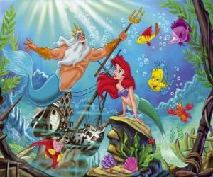puzzel De Kleine Zeemeermin Ariel praten met zijn vader, koning Triton met zijn zes zussen en hun vrienden de vis Botje en Sebastiaan de krab
