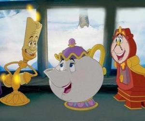 puzzel De theepot Mrs Potts, de kandelaar Lumière en de klok Cogsworth