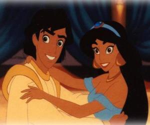 puzzel De vorsten Jasmine en Aladin gelukkig en in de liefde