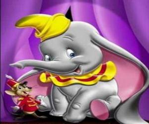 puzzel Dombo en zijn vriend, Timothy de muis, in het schouwspel van het circus te werken met hun uniformen