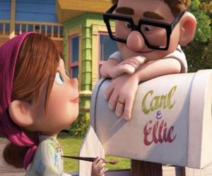 puzzel Ellie schilderen van de mailbox bij hem thuis onder het waakzame blik van een jonge Carl Fredricksen