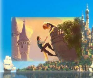 puzzel Flynn klimmen naar de top van de toren met lange haren Rapunzel is als een touw