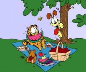 puzzel Garfield eten in het veld met zijn vriend Pookie, terwijl de spion Odie