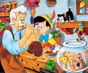 puzzel Geppetto, de oude timmerman, schilderen zijn nieuwe houten pop, Pinokkio, onder het toeziend van de kat Figaro