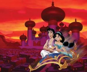puzzel Jasmine en Aladdin, het echtpaar over de stad op het vliegend tapijt