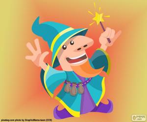 puzzel Magician, tovenaar of tovenaar met de staf en de hat-kegel