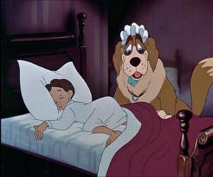 puzzel Michael Darling vermoeid in slaap aan de achterkant van de avonturen van Peter Pan met zijn hond Nana.