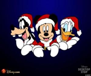 puzzel Mickey Mouse, Donald en Goofy verkleed als kerstman
