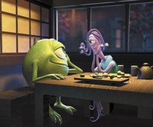 puzzel Mike in het restaurant met zijn vriendin Celia Mae is receptioniste van het bedrijf