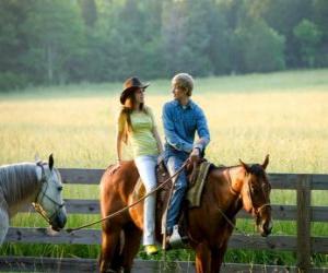 puzzel Miley Stewart / Hannah Montana (Miley Cyrus) paardrijden met zijn vriend Travis Brody (Lucas Till)