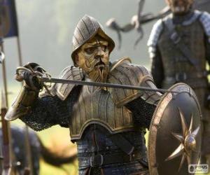 puzzel Miraz, de valse koning van Narnia, oom en Kaspische Zee, in een gevecht met het zwaard en het schild