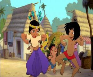 puzzel Mowgli en Shanti, haar vriendin dansen in het dorp