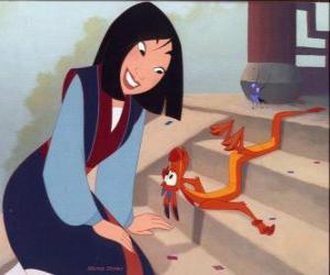 puzzel Mulan met het kleine draakje Mushu en kleine cricket met goed geluk Cri-Kee helpen Mulan te staan in het leger van de keizer als een jongen genaamd Ping