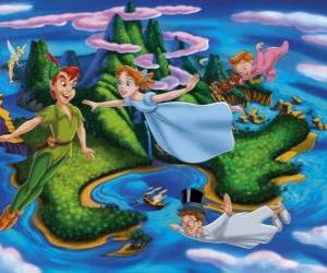 puzzel Peter Pan, Wendy, John en Michael vliegen door de lucht boven Neverland