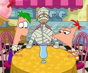 puzzel Phineas en Ferb delen van een drankje met een mummie