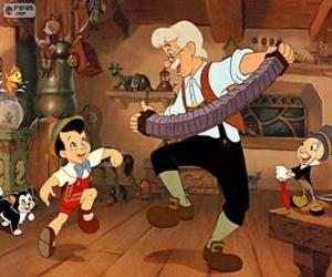 puzzel Pinocchio en Geppetto dansen en blij om te vieren dat Pinokkio een echte jongen