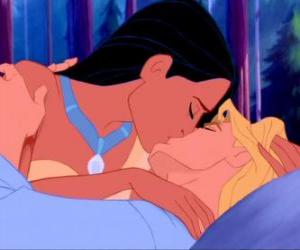 puzzel Pocahontas en Engels Kapitein John Smith geeft zichzelf een kus