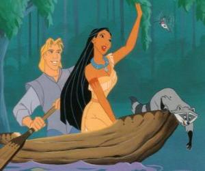 puzzel Pocahontas en John in een kano met haar huisdier Meeko