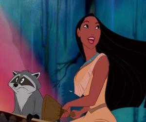 puzzel Pocahontas in een kano met haar huisdier Meeko