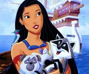 puzzel Pocahontas met amigitos en het schip van kapitein John Smith op de achtergrond