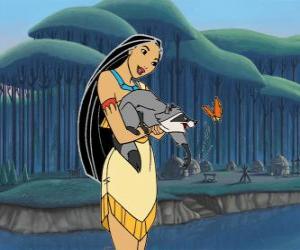 puzzel Pocahontas speelt met haar huisdier, de wasbeer Meeko