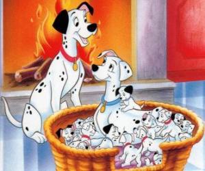 puzzel Pongo en Perdita naast hun dalmatiër puppies