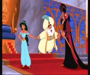 puzzel Prinses Jasmine met zijn vader, de Sultan, Jafar en, in de troonzaal