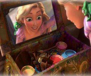 puzzel Prinses Rapunzel blij met de ontdekking van een kist met schilderijen met zijn vriend Pascal