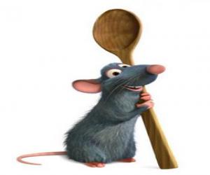 puzzel Remy de rat die kok wil een chef-kok met een keuken lepel