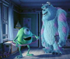 puzzel Sulley en zijn vriend Mike in de menselijke wereld, met open mond met speelgoed.