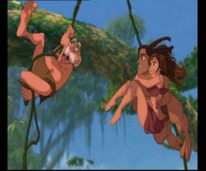 puzzel Tarzan, Jane en Porter zijn vader hing uit de wijnstokken die overblijft na de beslissing om te leven in de jungle