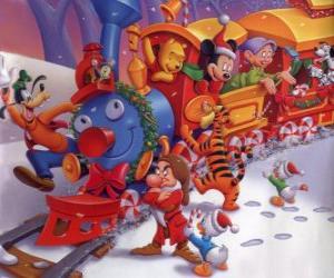puzzel Trein gevuld met Disney-figuren met Kerstmis