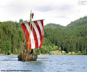 puzzel Vikingschip met al de roeiers in actie en de gezwollen zeilen met de wind