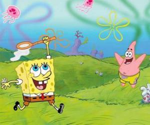 puzzel SpongeBob en Patrick Star probeert te kwallen vangen in Bikini Bottom