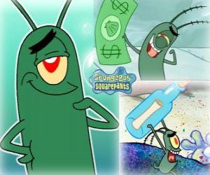puzzel Sheldon J. Plankton, de eigenaar van een restaurant en meneer Krabs rivaal