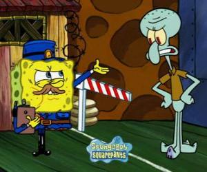 puzzel SpongeBob verkleed als een politieman een pass naar Octo Tentakels vraagt