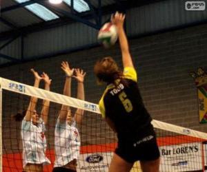 puzzel Aanval op het netwerk en de verdediging proberen te blokkeren in een volleybal wedstrijd