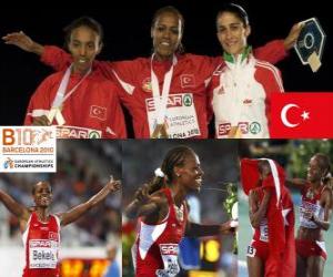 puzzel Alemitu 5000 m kampioen Bekele, Elvan Abeylegesse en Sara Moreira (2e en 3e) van het Europees Kampioenschap Atletiek 2010 in Barcelona