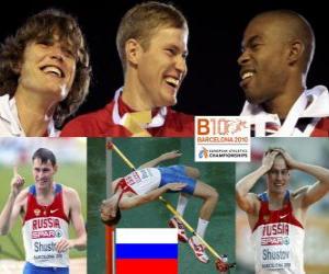 puzzel Alexander Shustov kampioen hoogspringen, Ivan Ujov en Martyn Bernard (2e en 3e) van het Europees Kampioenschap Atletiek 2010 in Barcelona