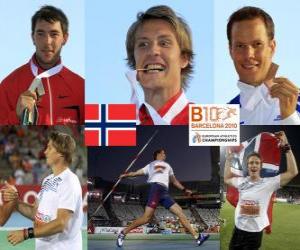 puzzel Andreas Thorkildsen Speerwerpen kampioen, Matthias en Tero Pitkämäki Zord (2e en 3e) van het Europees Kampioenschap Atletiek 2010 in Barcelona