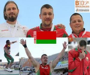 puzzel Andrei Mijnevich kogelstoten kampioen, Tomasz Majewksi en Ralf Bartels (2e en 3e) van het Europees Kampioenschap Atletiek 2010 in Barcelona